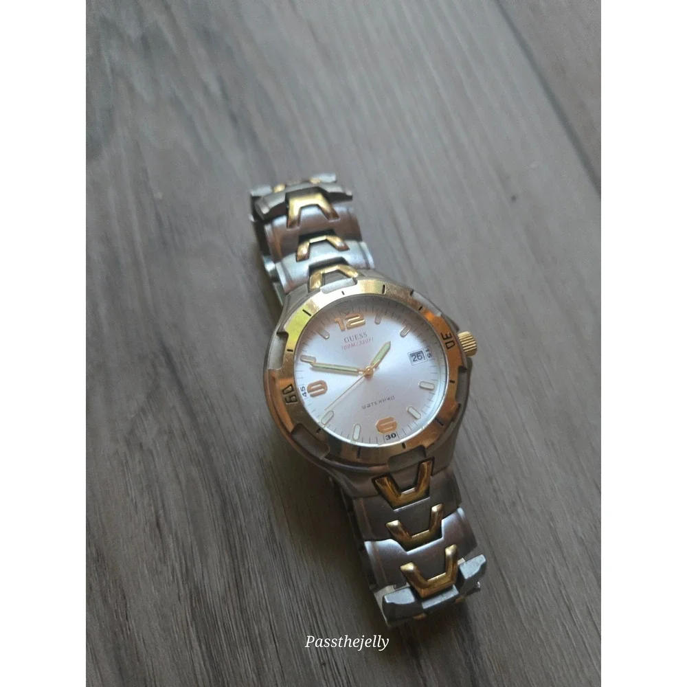 VTG GUESS Watch Mens Waterpro G65025G Two Tone Gold Date Quartz 100M Sport Y2K